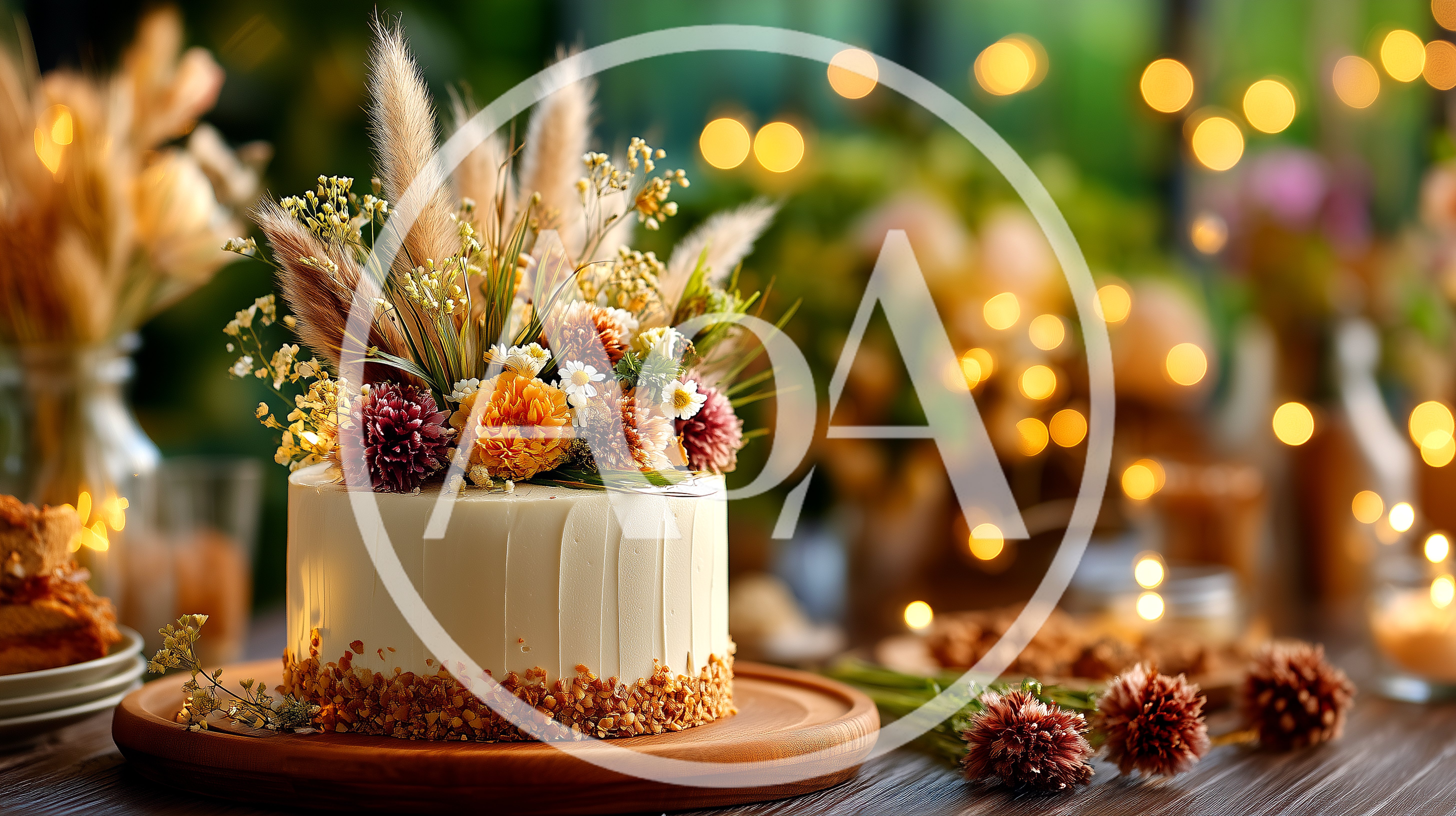 Rustic Floral Decorated Cake On Wooden Platter