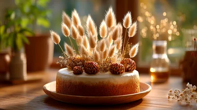 Rustic Cake Decorated With Dried Bunny Tail Grass