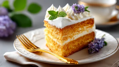 Slice Of Layered Sponge Cake With Cream