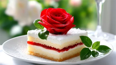 Square Slice Of Layered Cake With Red Rose