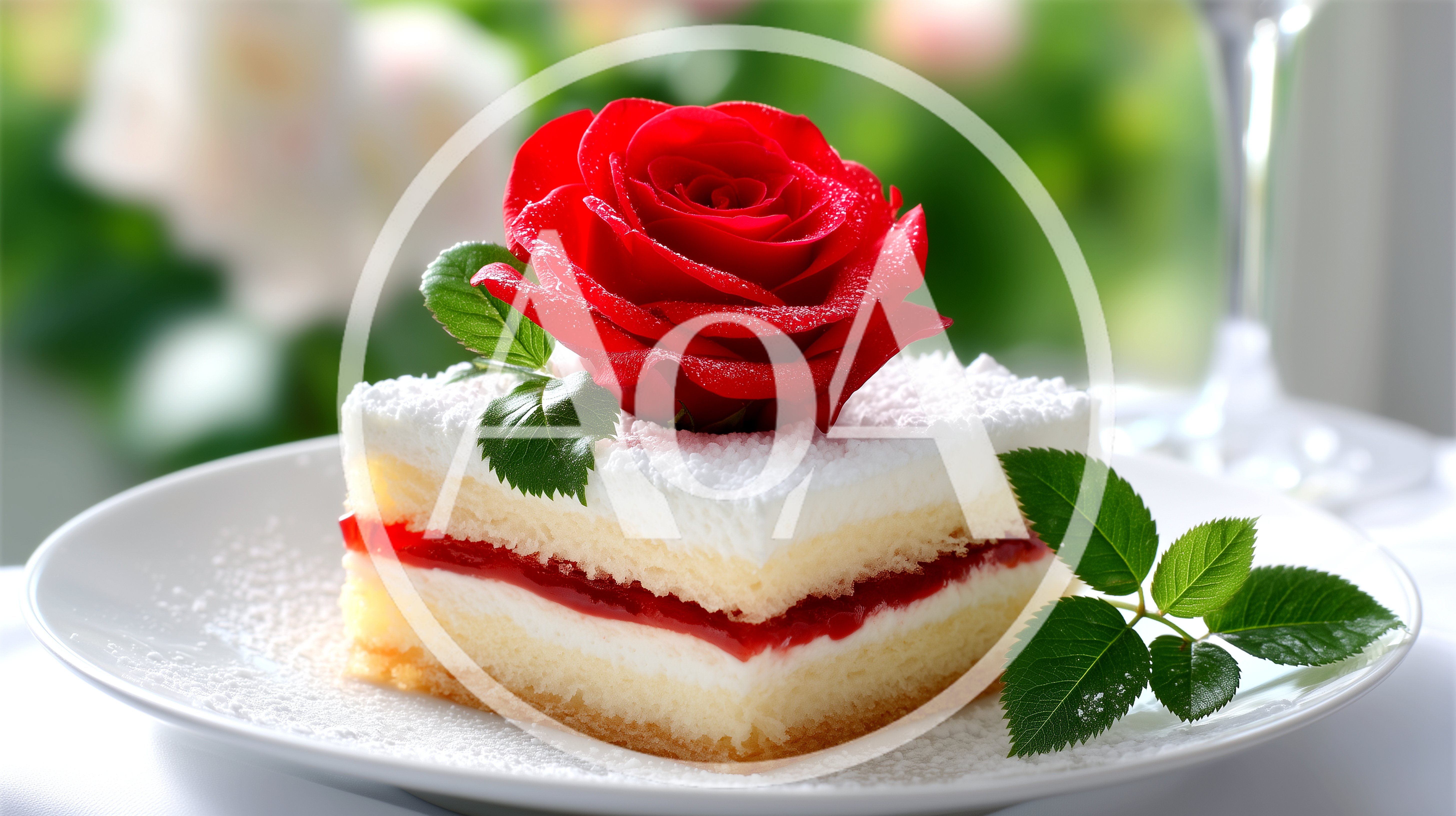 Square Slice Of Layered Cake With Red Rose