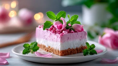 Layered Pink And White Dessert With Mint And Roses