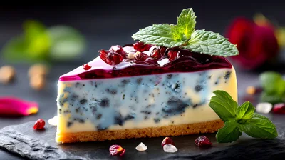 Slice Of Blueberry Cheesecake With Mint Garnish