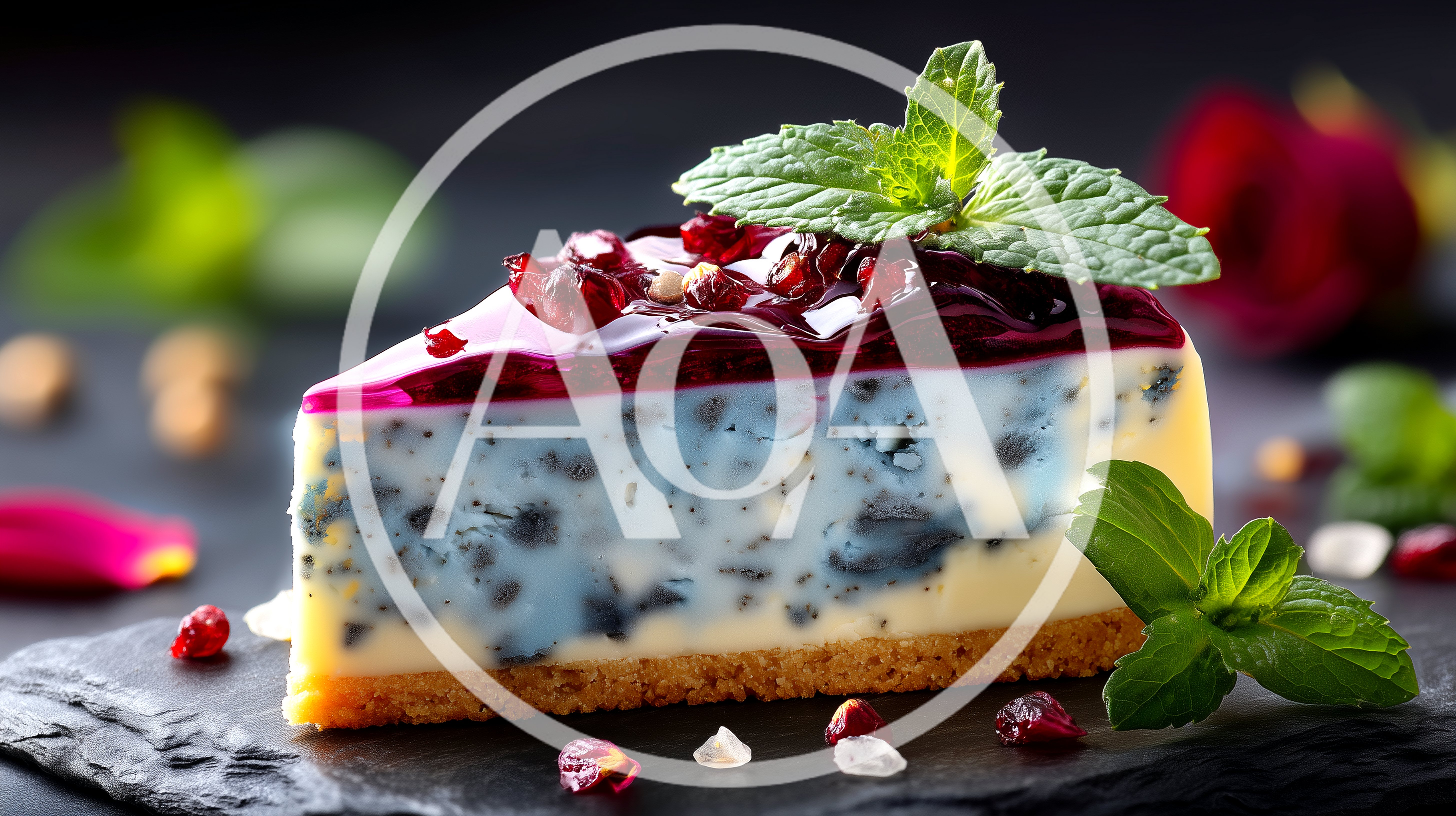 Slice Of Blueberry Cheesecake With Mint Garnish