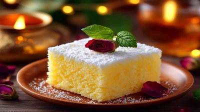 Square Slice Of Coconut Cake On A Wooden Plate