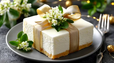 Square White Cheesecake Decorated With Gold Ribbon And Flowers