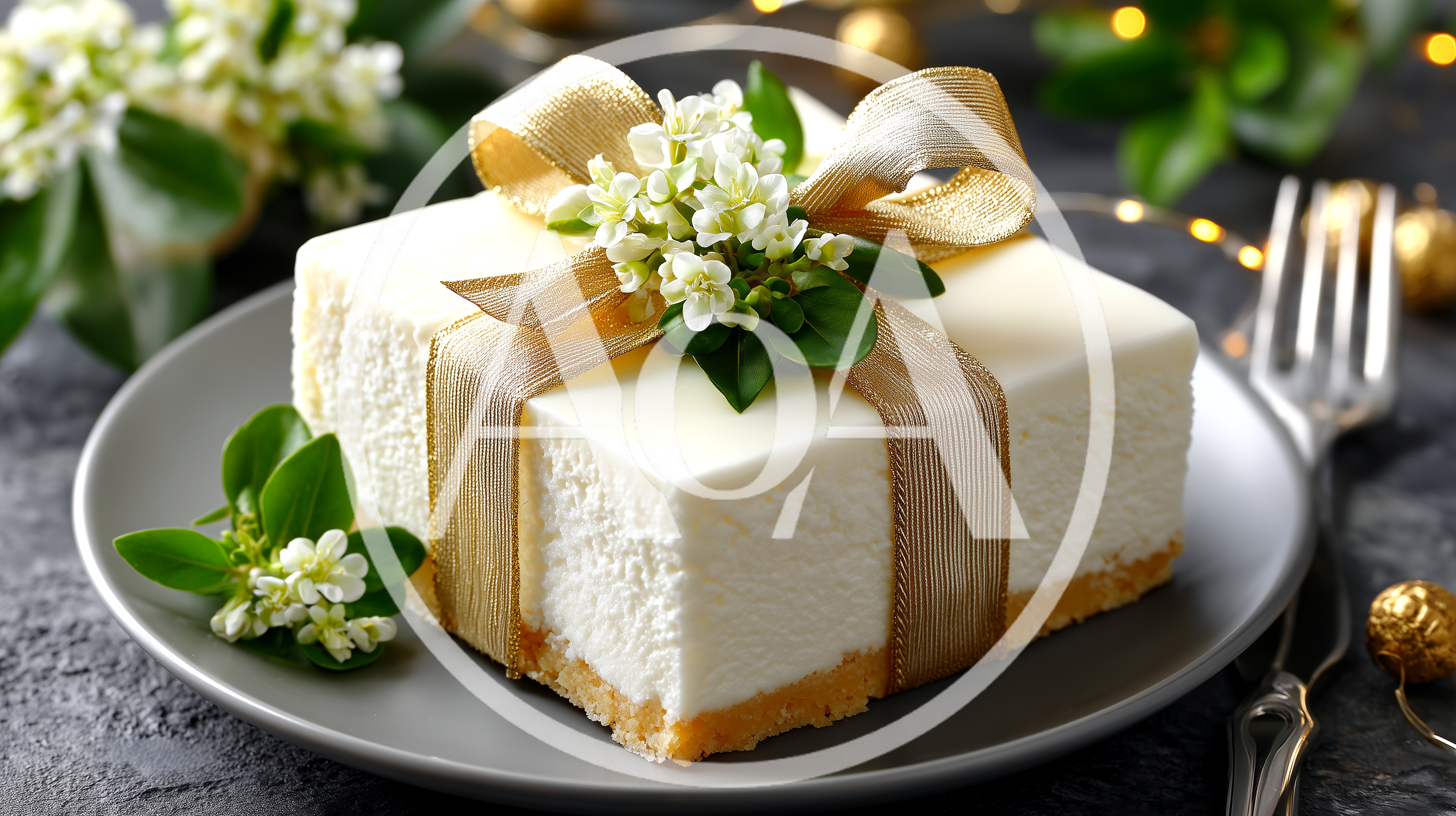 Square White Cheesecake Decorated With Gold Ribbon And Flowers