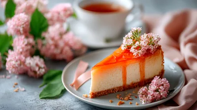 Slice Of Cheesecake With Orange Glaze And Lilac Flowers