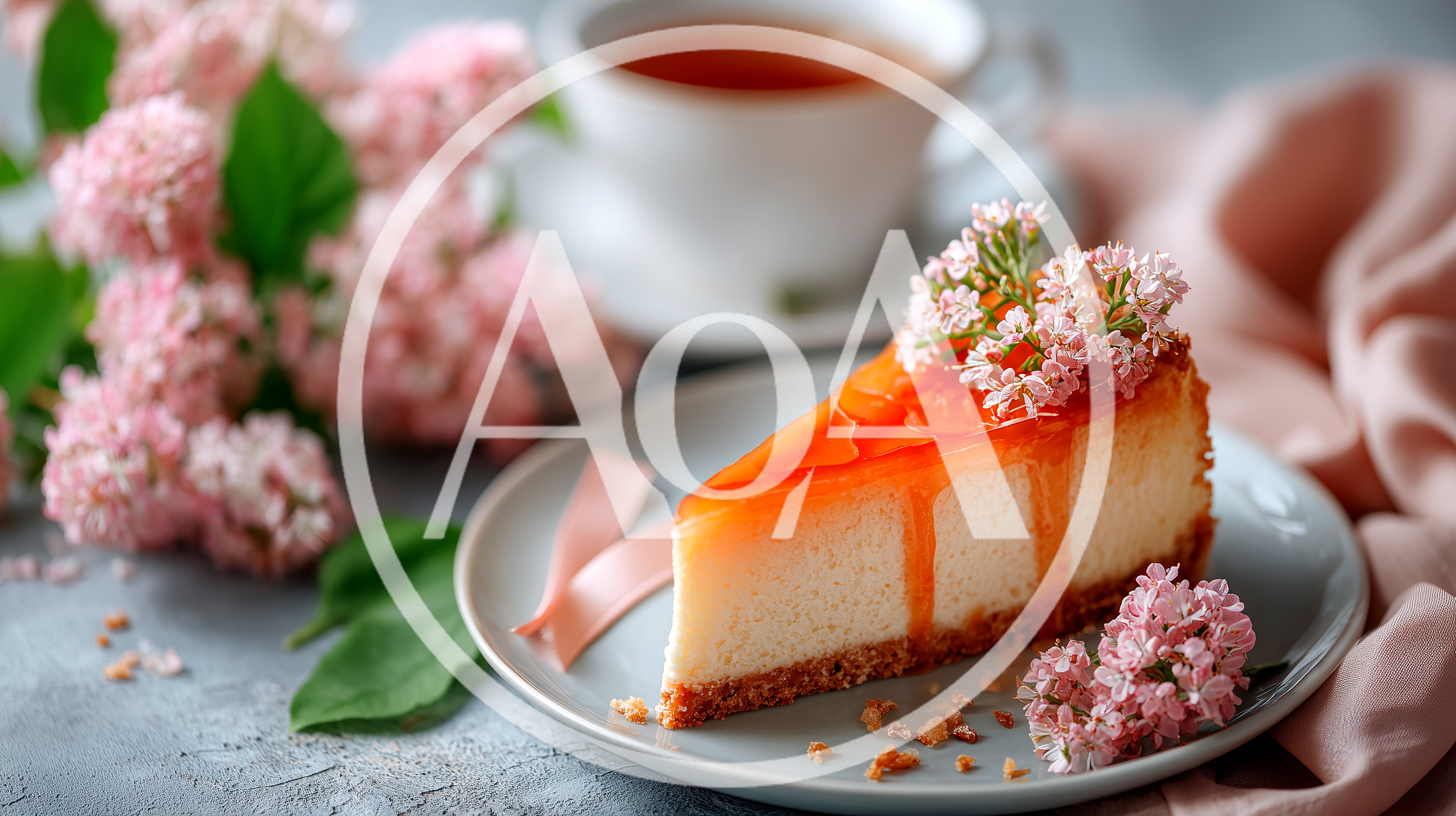 Slice Of Cheesecake With Orange Glaze And Lilac Flowers