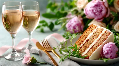 Slice Of Layer Cake With Wine Glasses And Flowers