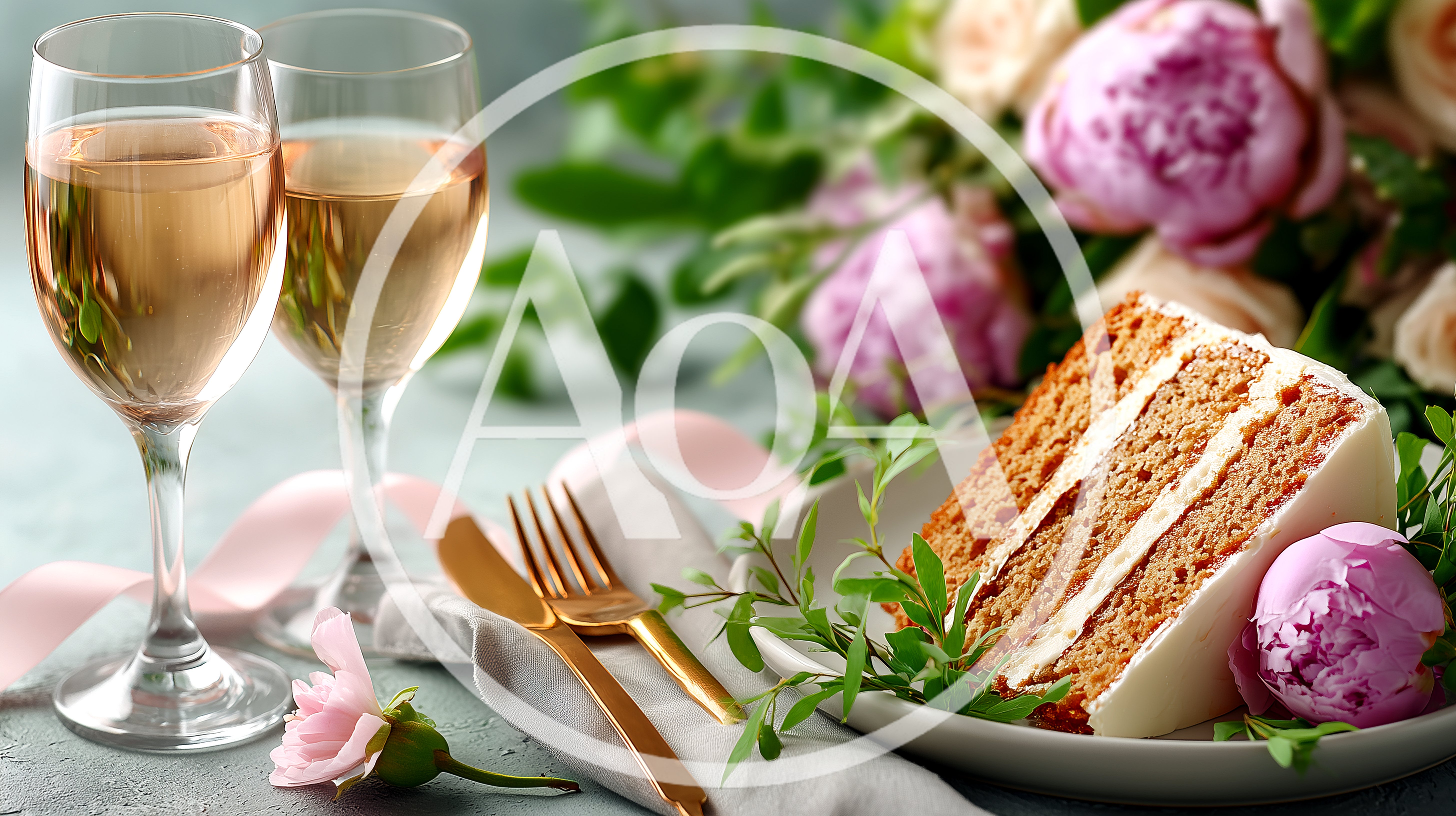 Slice Of Layer Cake With Wine Glasses And Flowers