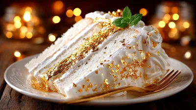 Slice Of White Cake With Gold Leaf Decoration