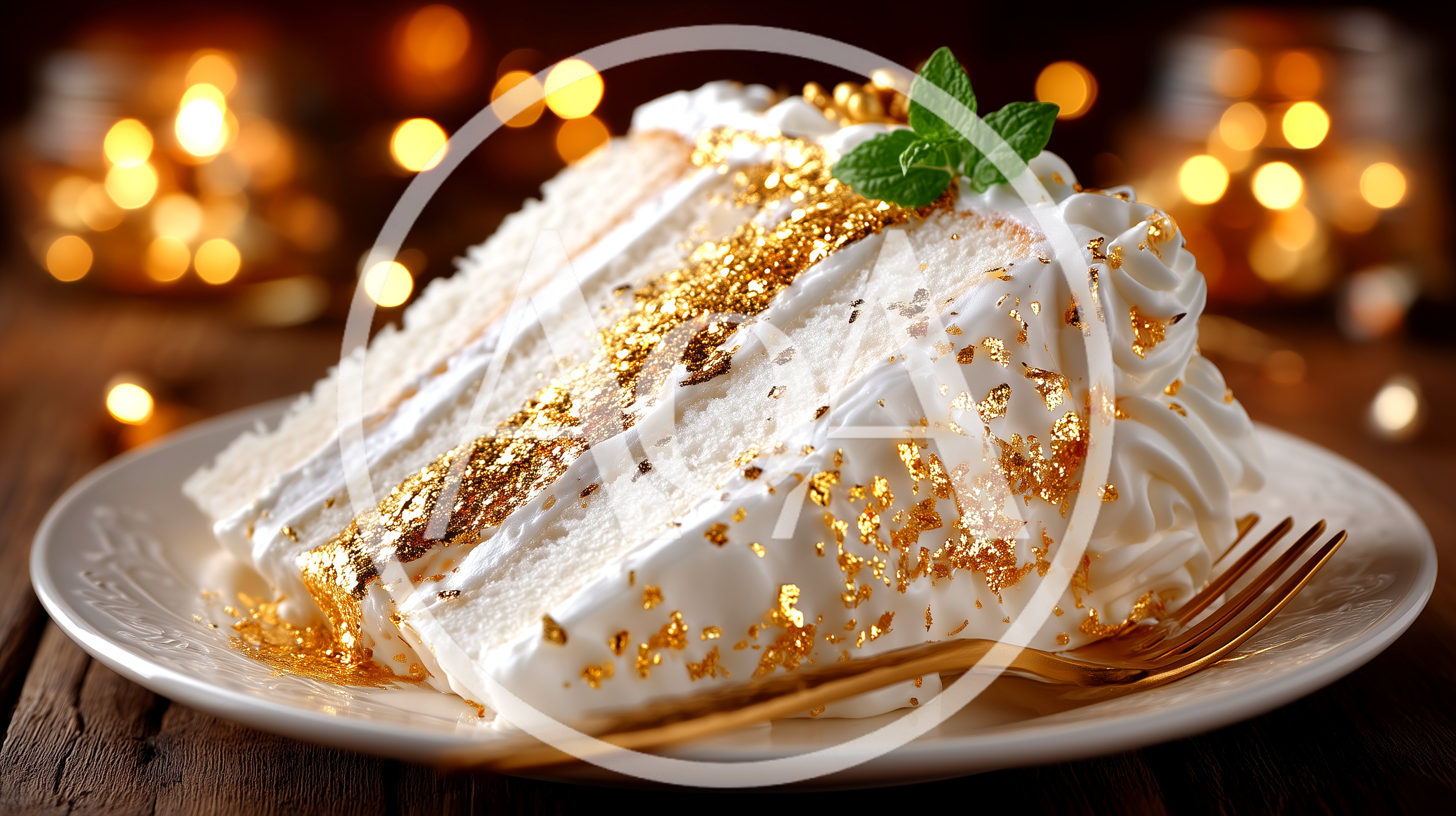 Slice Of White Cake With Gold Leaf Decoration