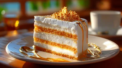 Slice Of Layered Cake With Gold Leaf Topping