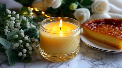 Lit Candle With A Slice Of Custard Tart