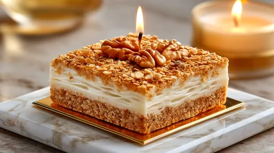 Square Walnut Layer Cake With Lit Candle