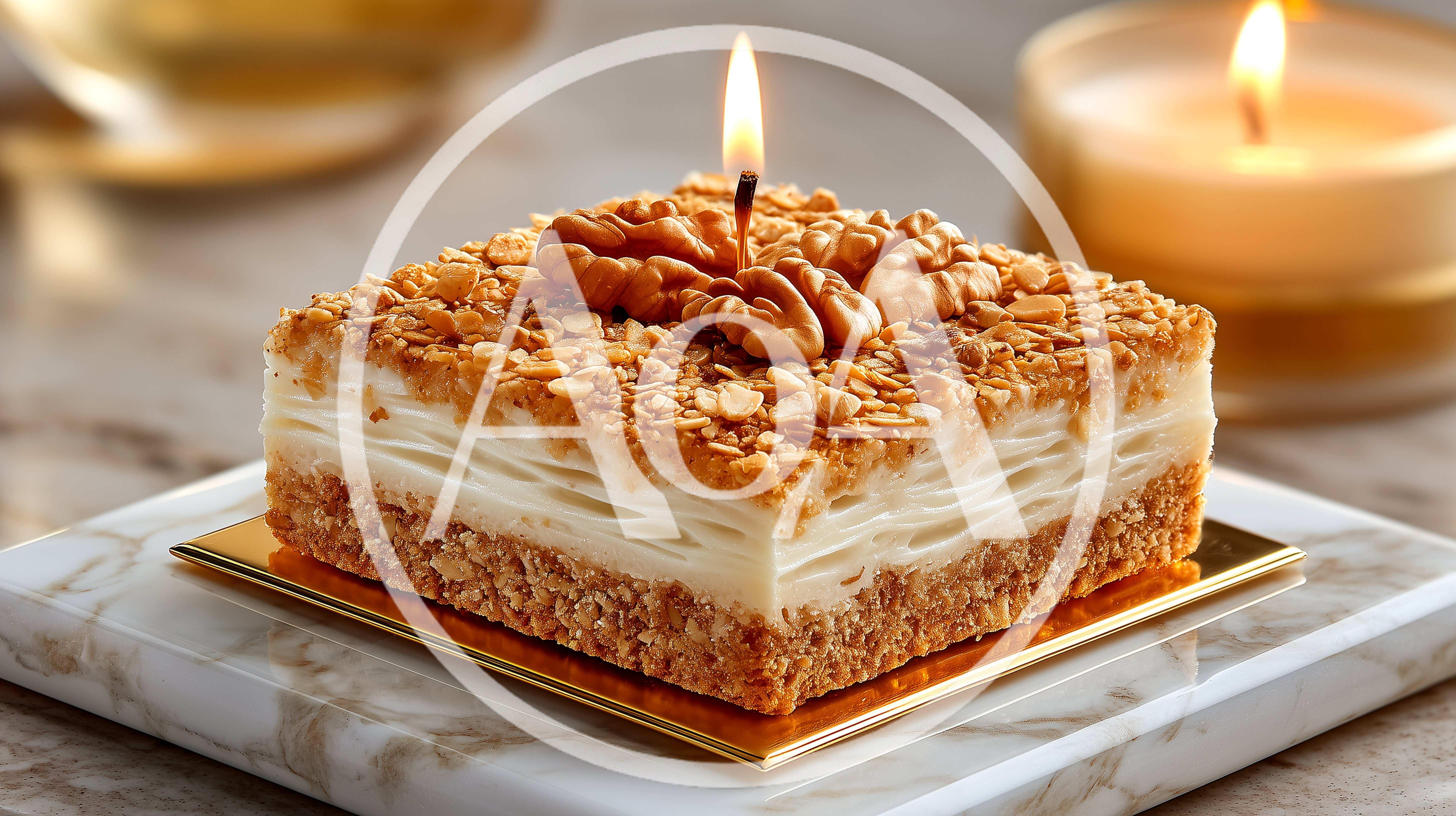 Square Walnut Layer Cake With Lit Candle