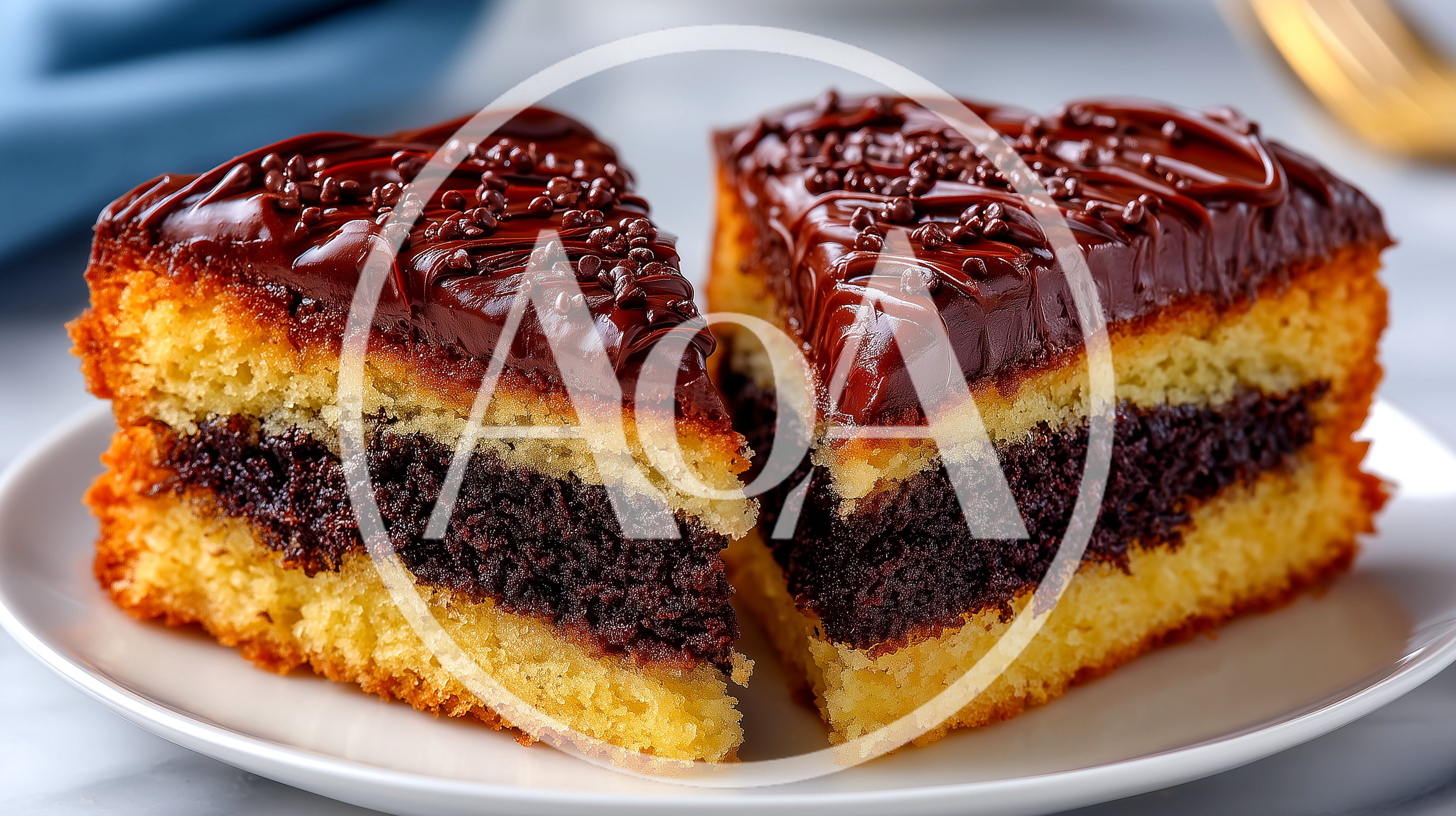 Two Slices Of Chocolate Layer Cake On A Plate