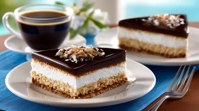 Two Slices Of Chocolate Coconut Cake With Coffee