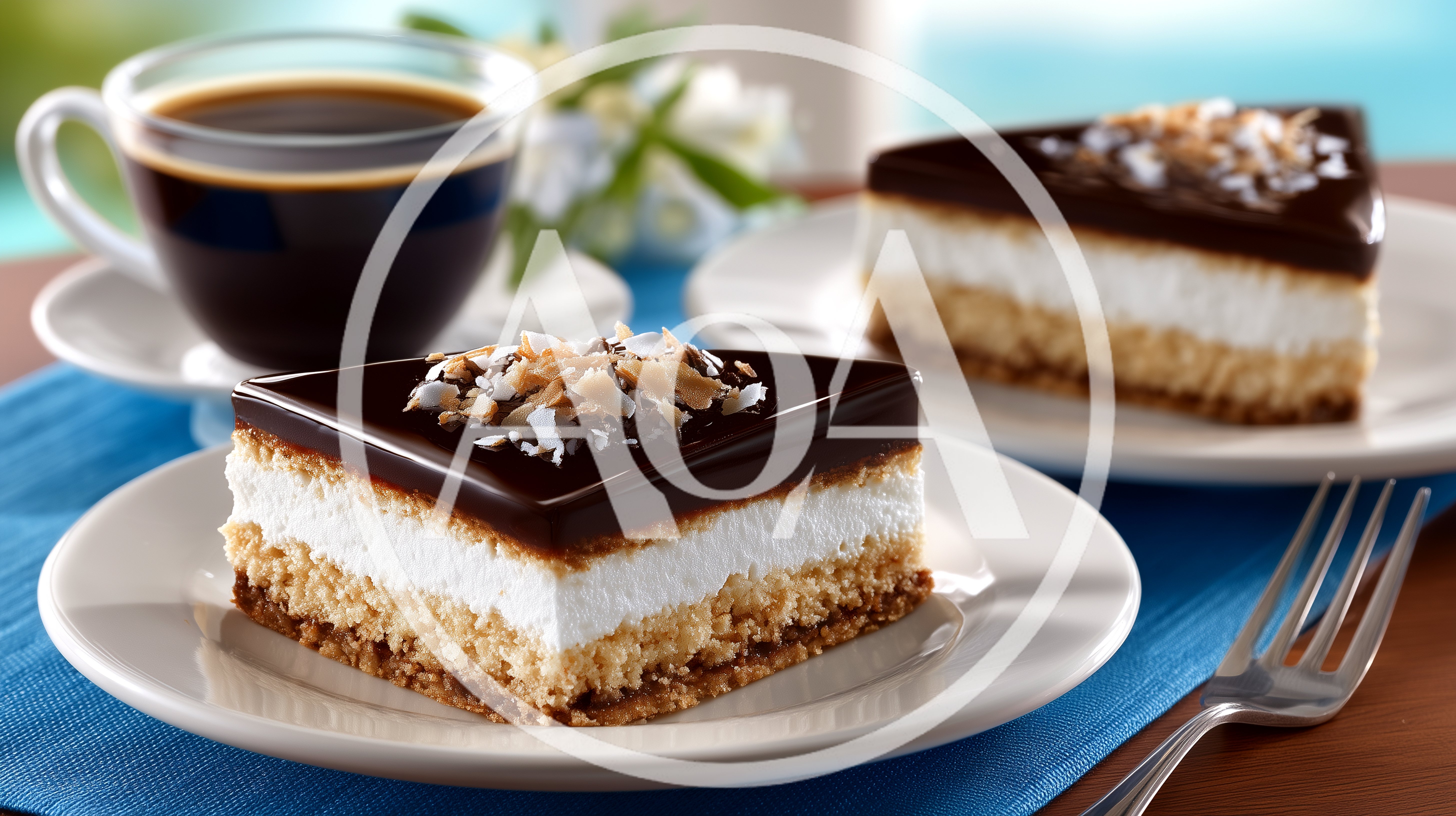 Two Slices Of Chocolate Coconut Cake With Coffee