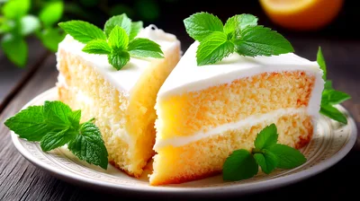 Two Slices Of Lemon Cake With Mint Garnish