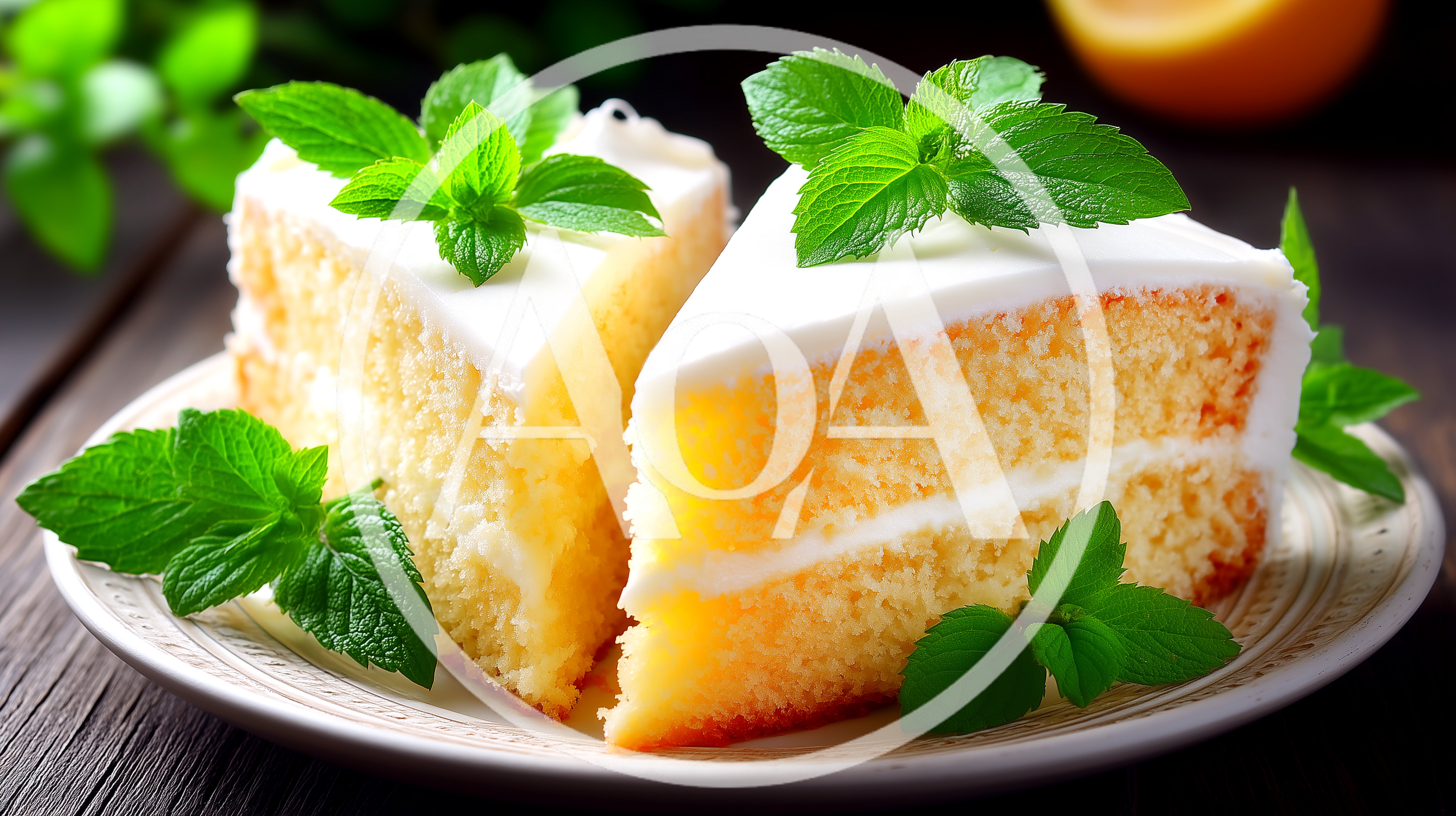Two Slices Of Lemon Cake With Mint Garnish