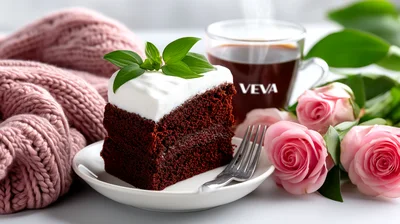 Slice Of Chocolate Cake With Coffee And Roses