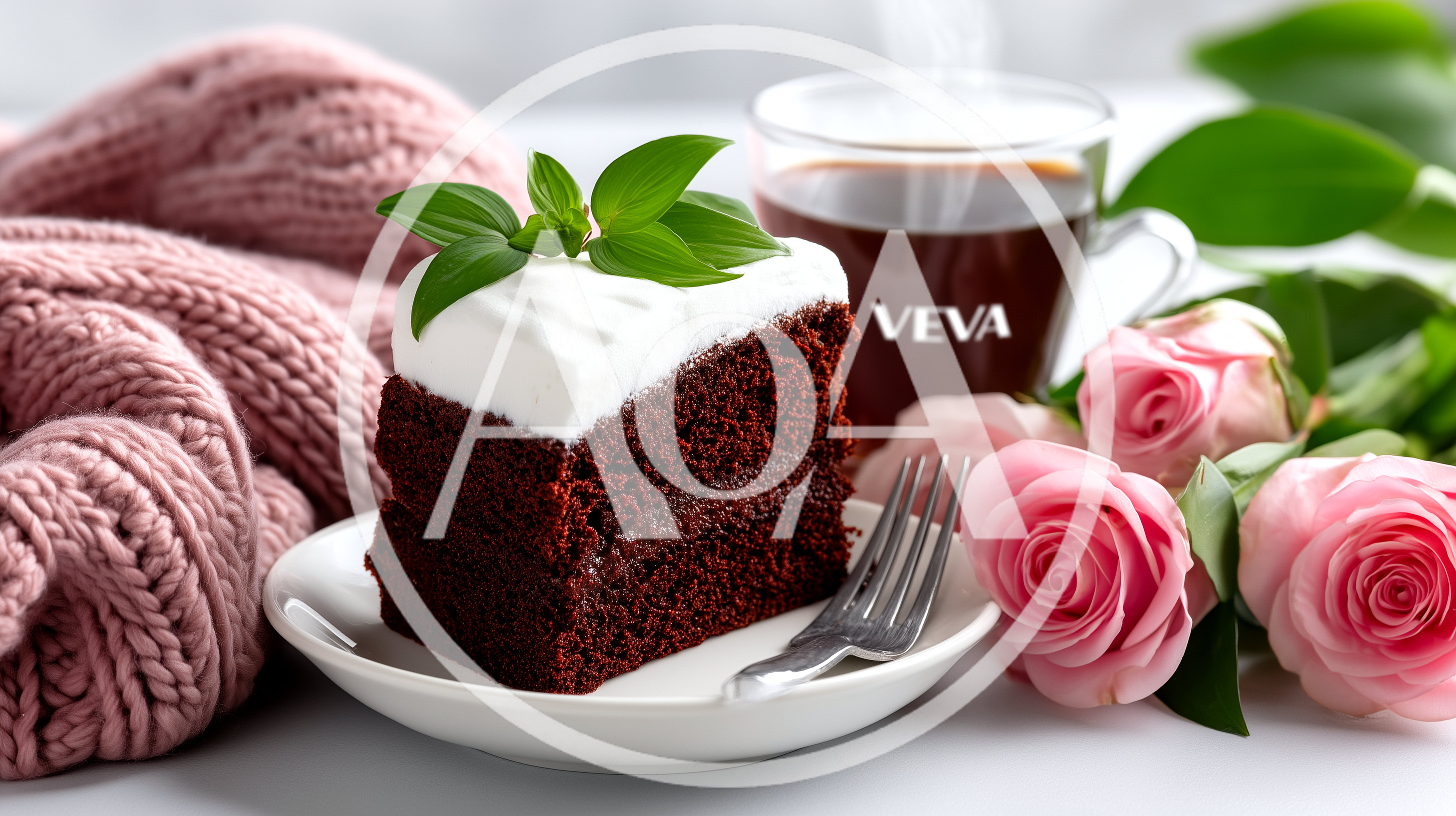 Slice Of Chocolate Cake With Coffee And Roses