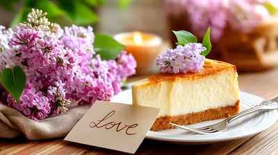 Cheesecake Slice With Lilac Flowers And Love Note