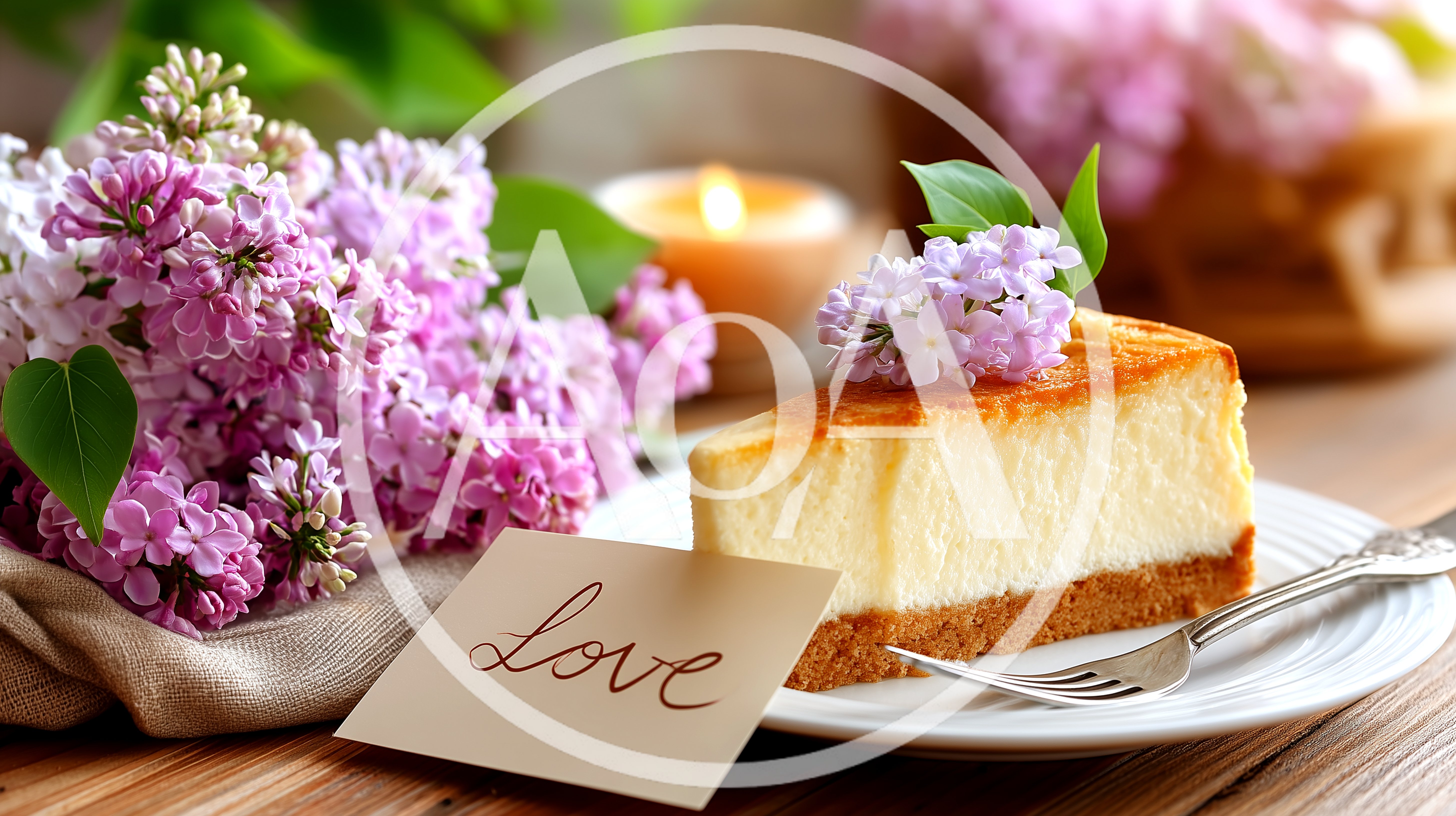 Cheesecake Slice With Lilac Flowers And Love Note