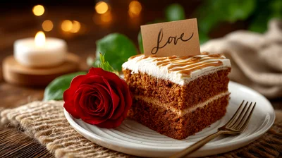 Slice of Caramel Cake with Red Rose