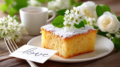 Square Slice Of Sponge Cake With Flowers And Coffee