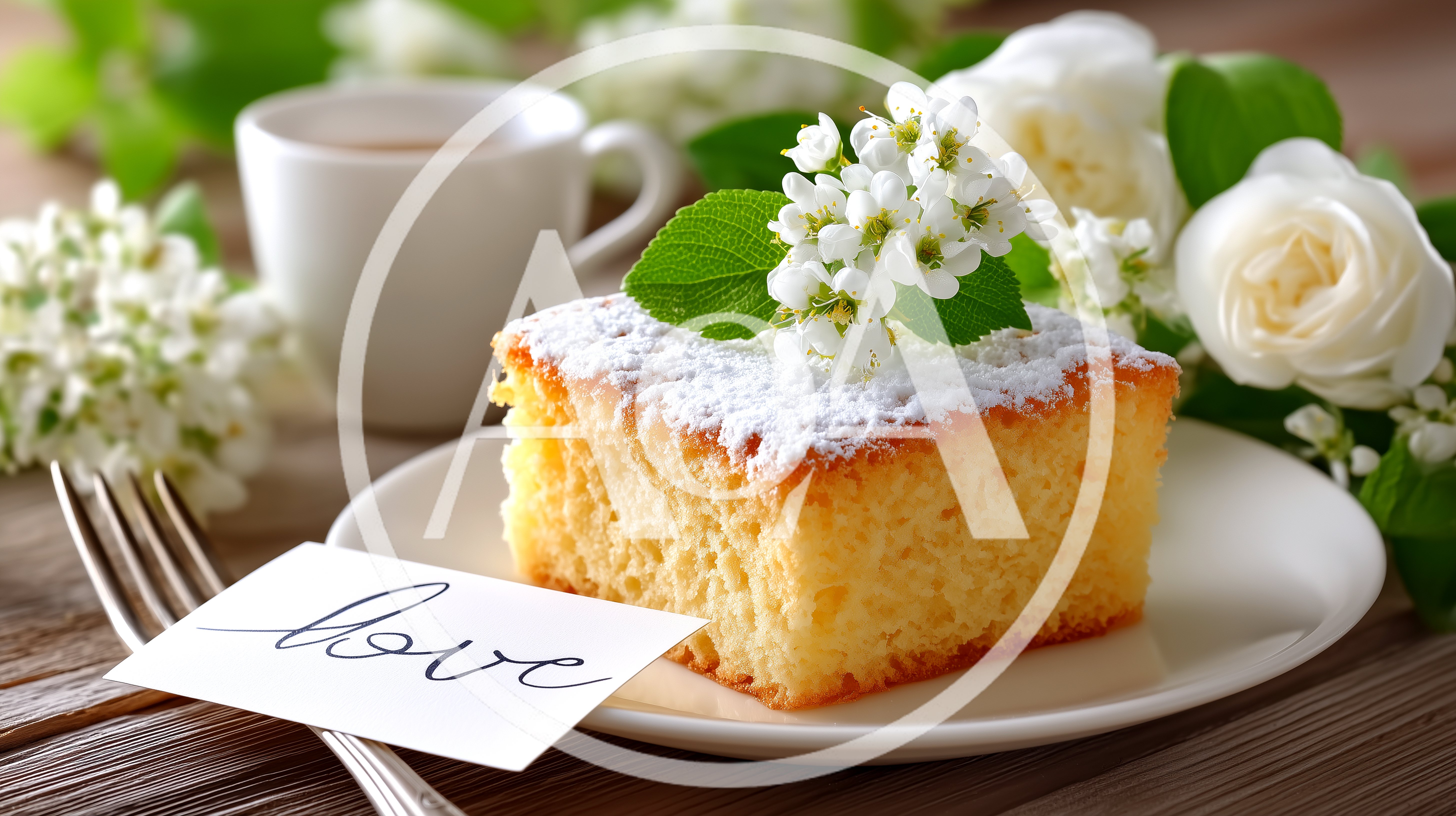 Square Slice Of Sponge Cake With Flowers And Coffee