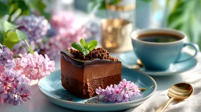 Slice Of Chocolate Mousse Cake With Lilac Flowers