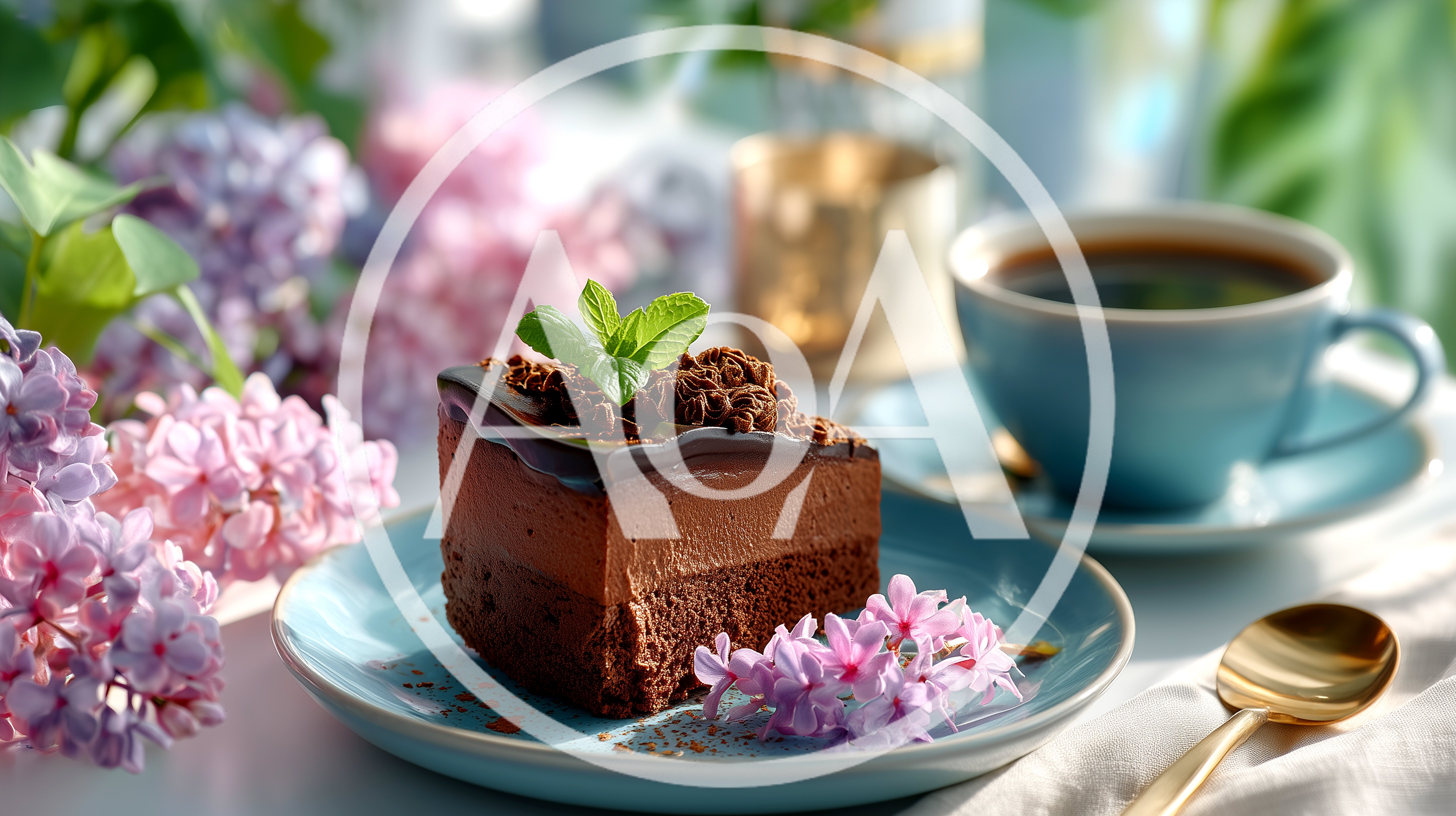 Slice Of Chocolate Mousse Cake With Lilac Flowers