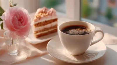 Cup Of Coffee And Slice Of Cake By Window