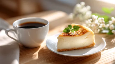 Slice Of Cheesecake With Coffee On Wooden Table