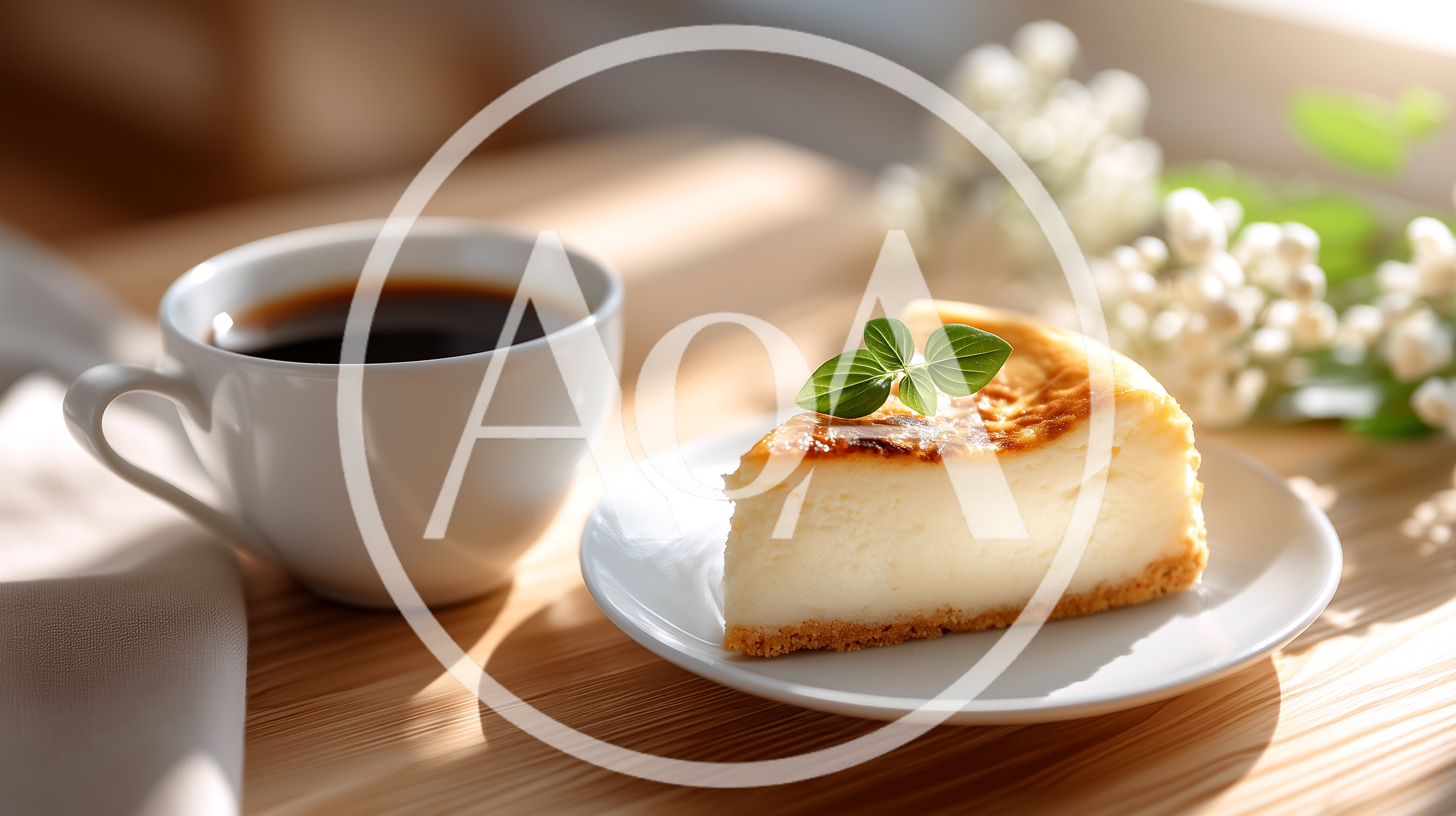 Slice Of Cheesecake With Coffee On Wooden Table