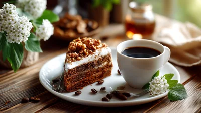 Slice Of Chocolate Cake With Coffee On Wooden Table