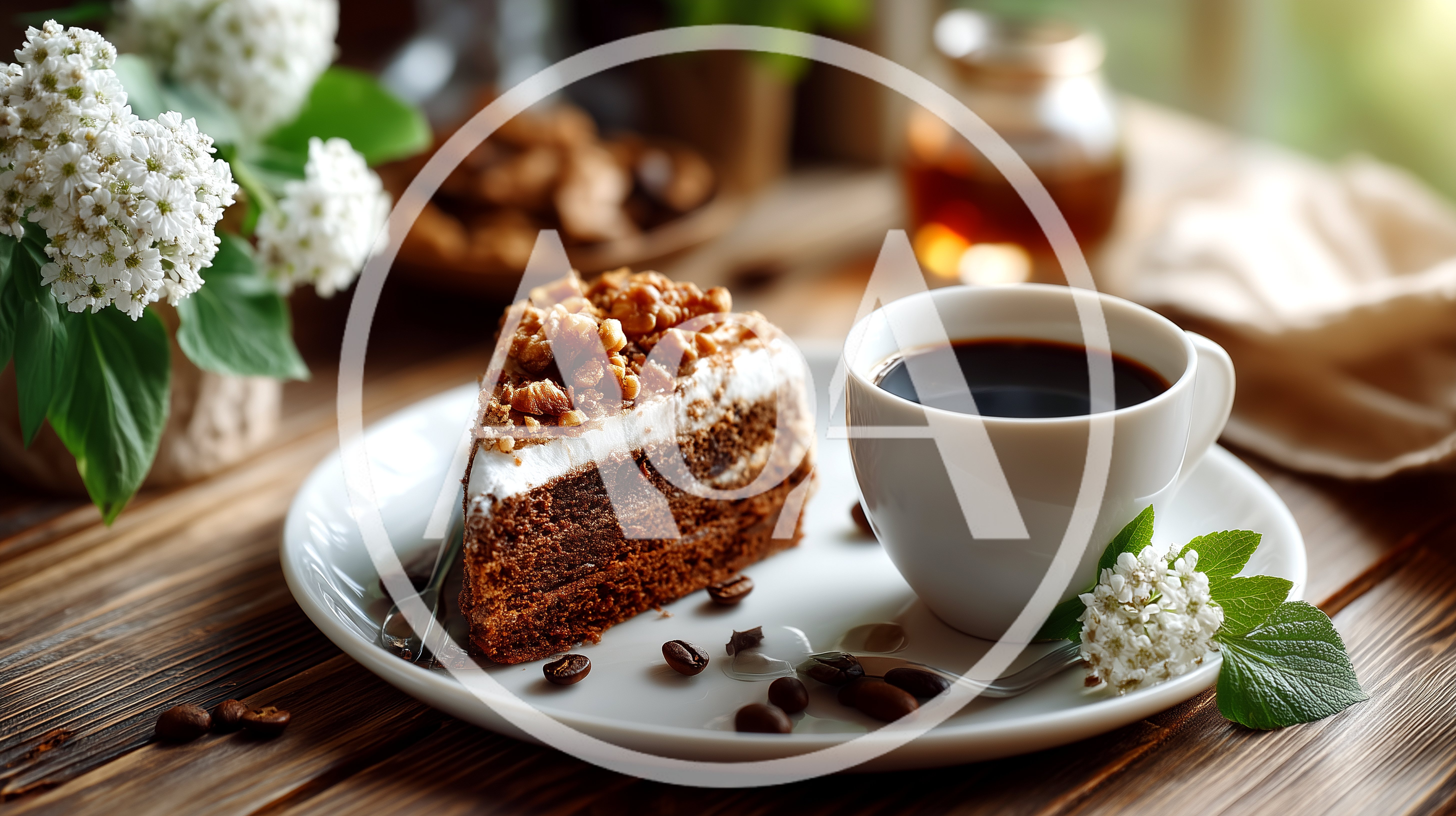 Slice Of Chocolate Cake With Coffee On Wooden Table