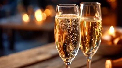 Two Flutes Of Sparkling Champagne On Wooden Table