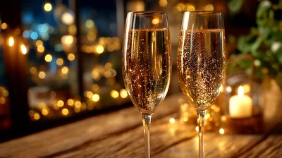 Two Champagne Flutes With Bubbles On Wooden Table