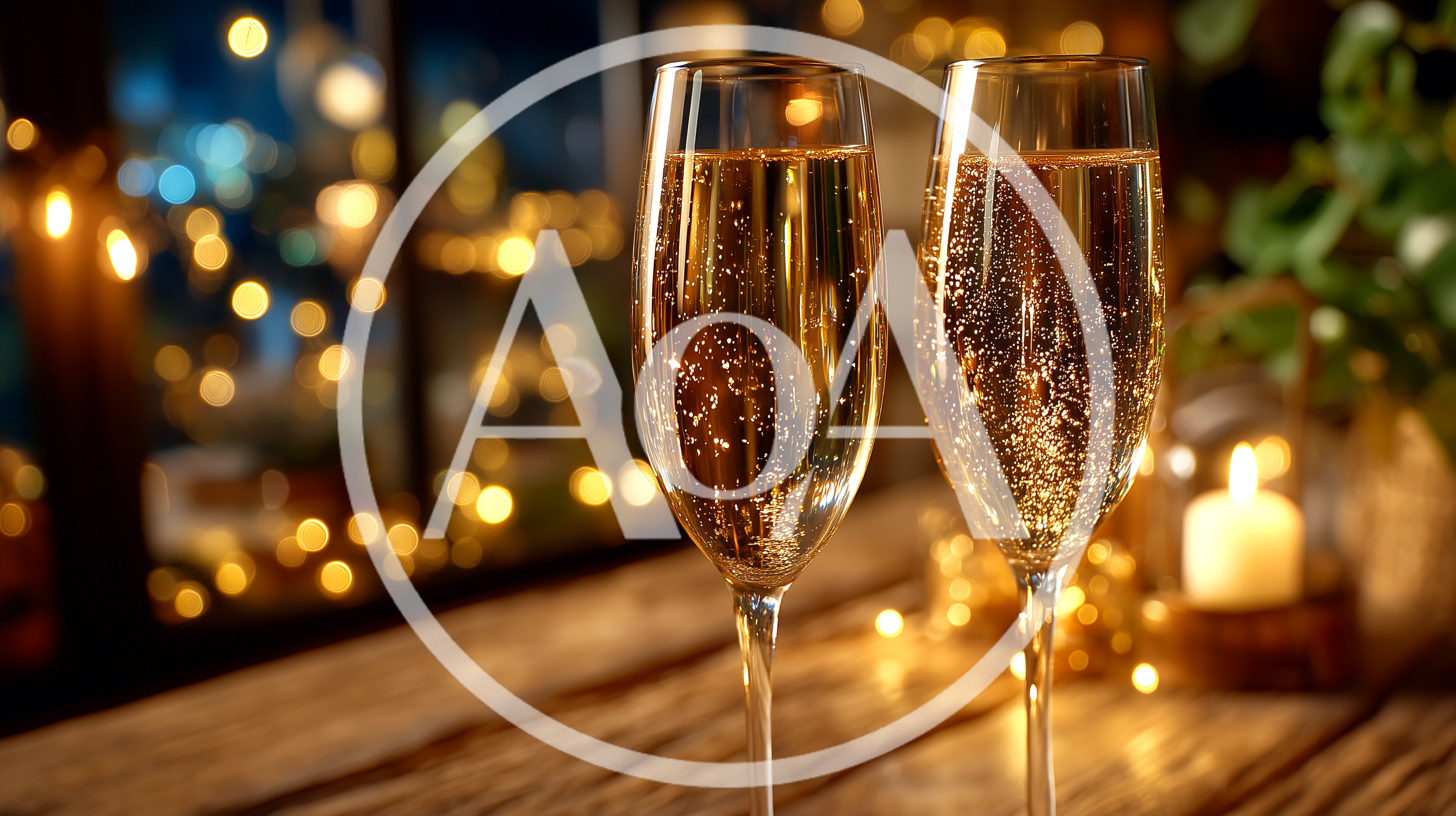 Two Champagne Flutes With Bubbles On Wooden Table