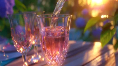 Pouring Rose Wine Into Crystal Glass At Sunset