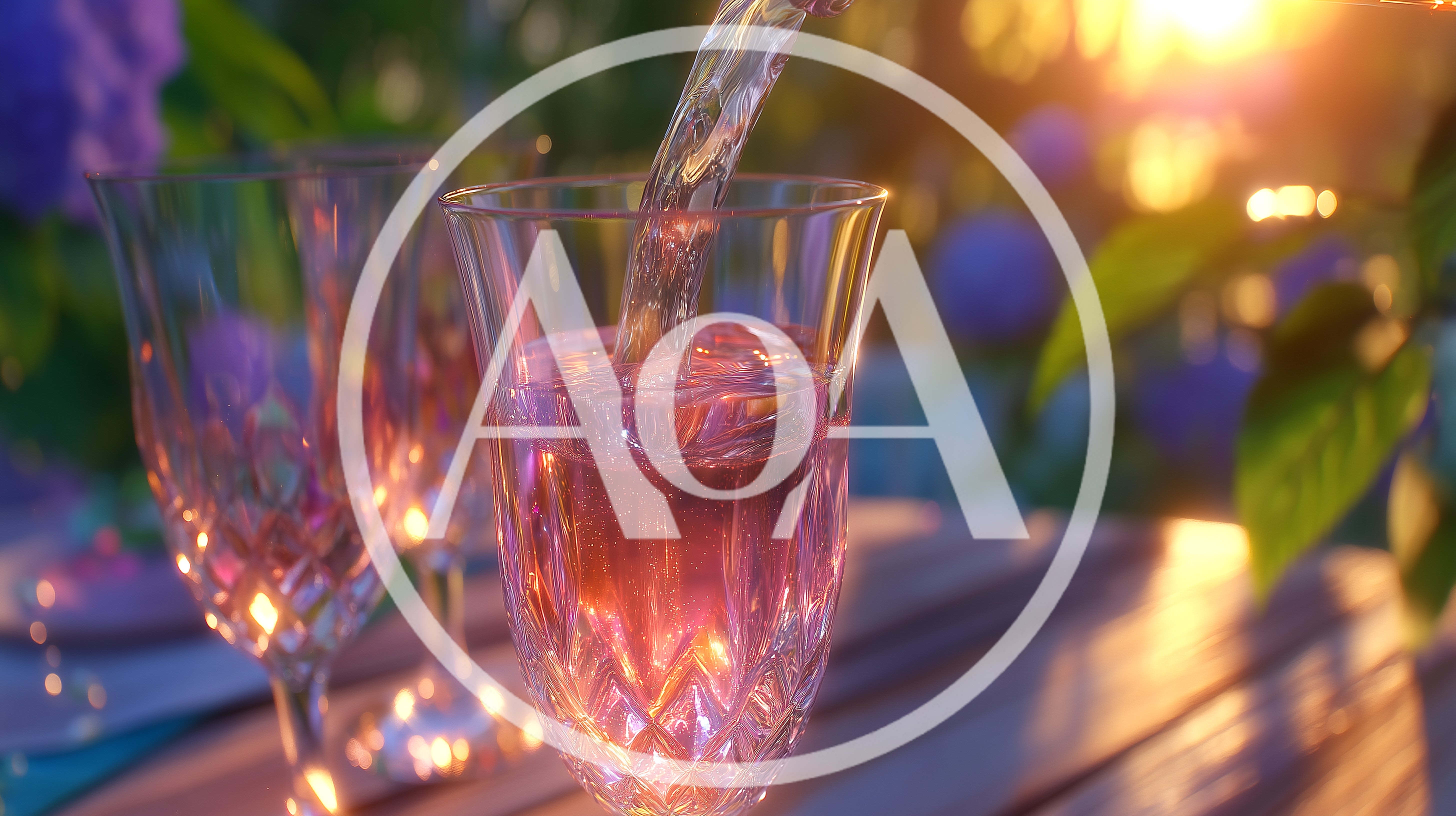 Pouring Rose Wine Into Crystal Glass At Sunset