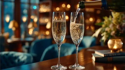 Champagne Being Poured Into Flute Glasses