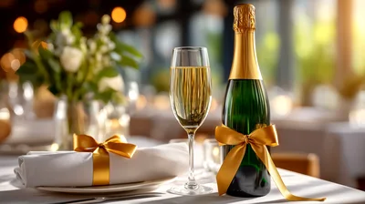 Champagne Bottle And Glass On A Decorated Table