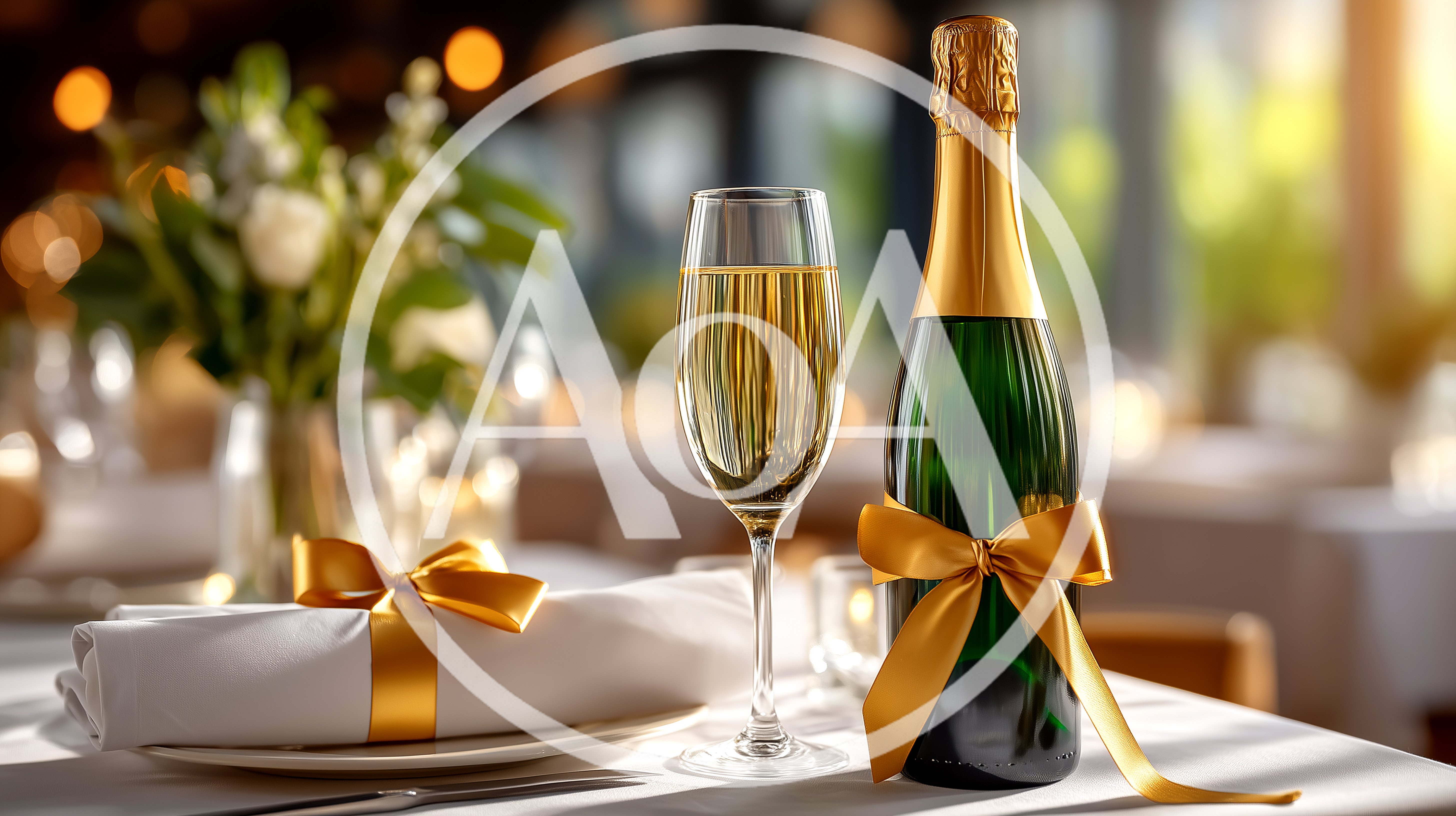 Champagne Bottle And Glass On A Decorated Table