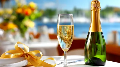 Champagne Bottle and Flute on a Waterfront Table