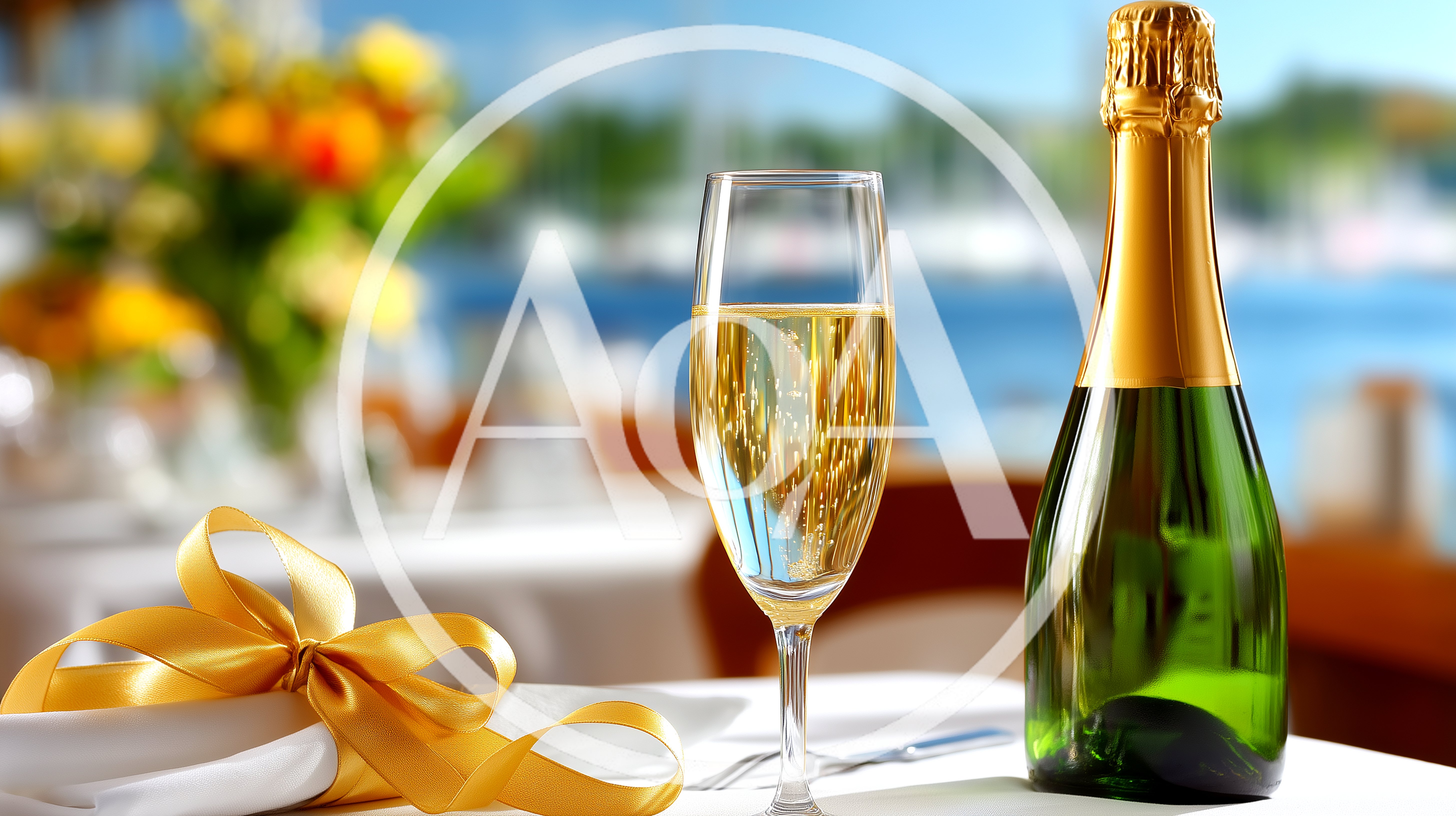 Champagne Bottle and Flute on a Waterfront Table